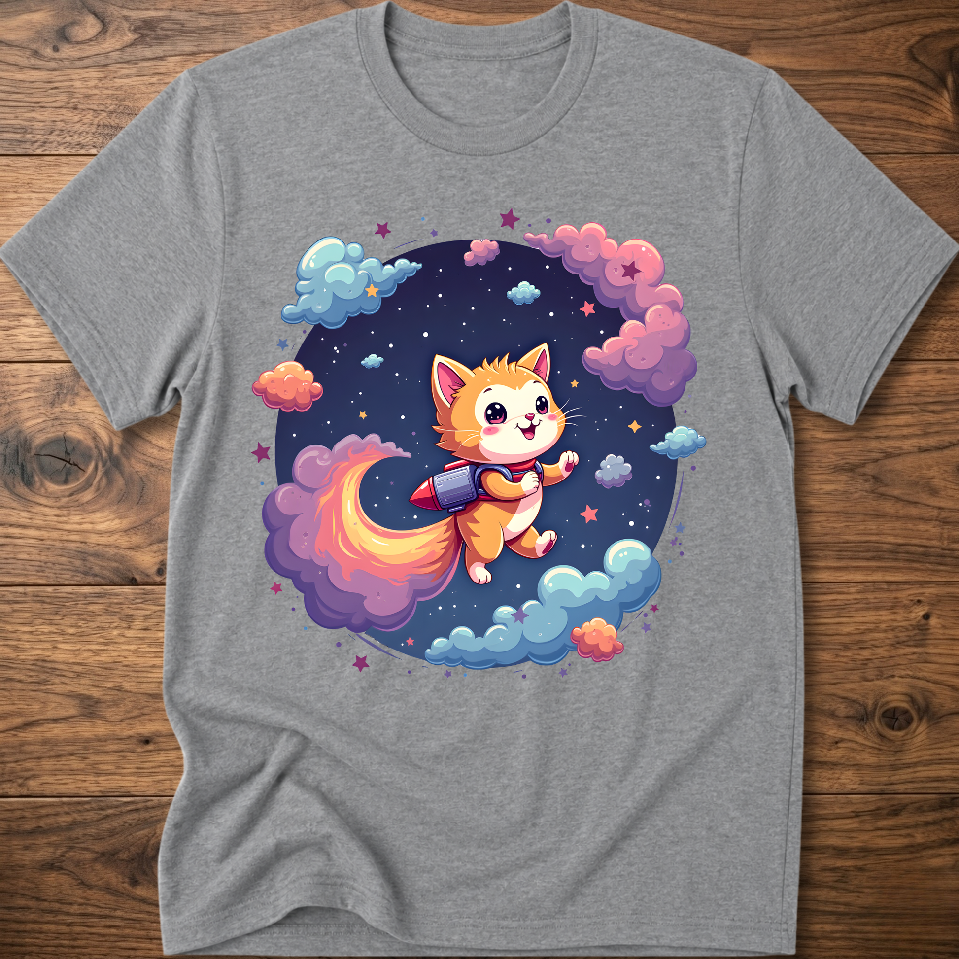 Sport grey kids' graphic T-shirt with smiling orange astronaut cat in a galaxy wreath