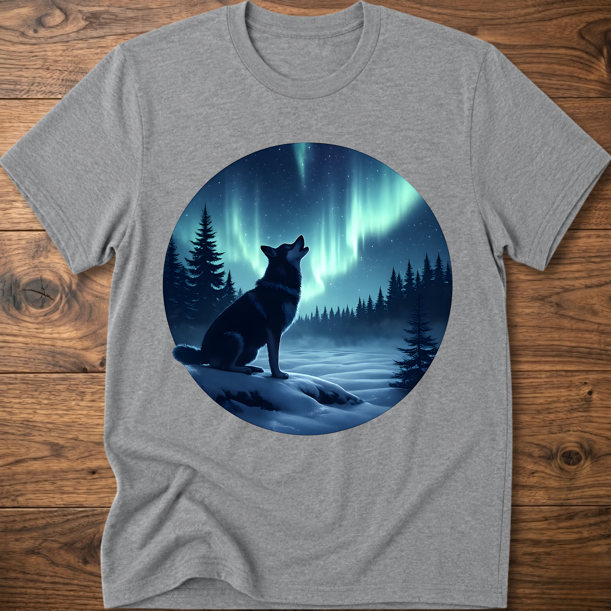 Sport grey dog graphic t-shirt with circular aurora scene and dog silhouette