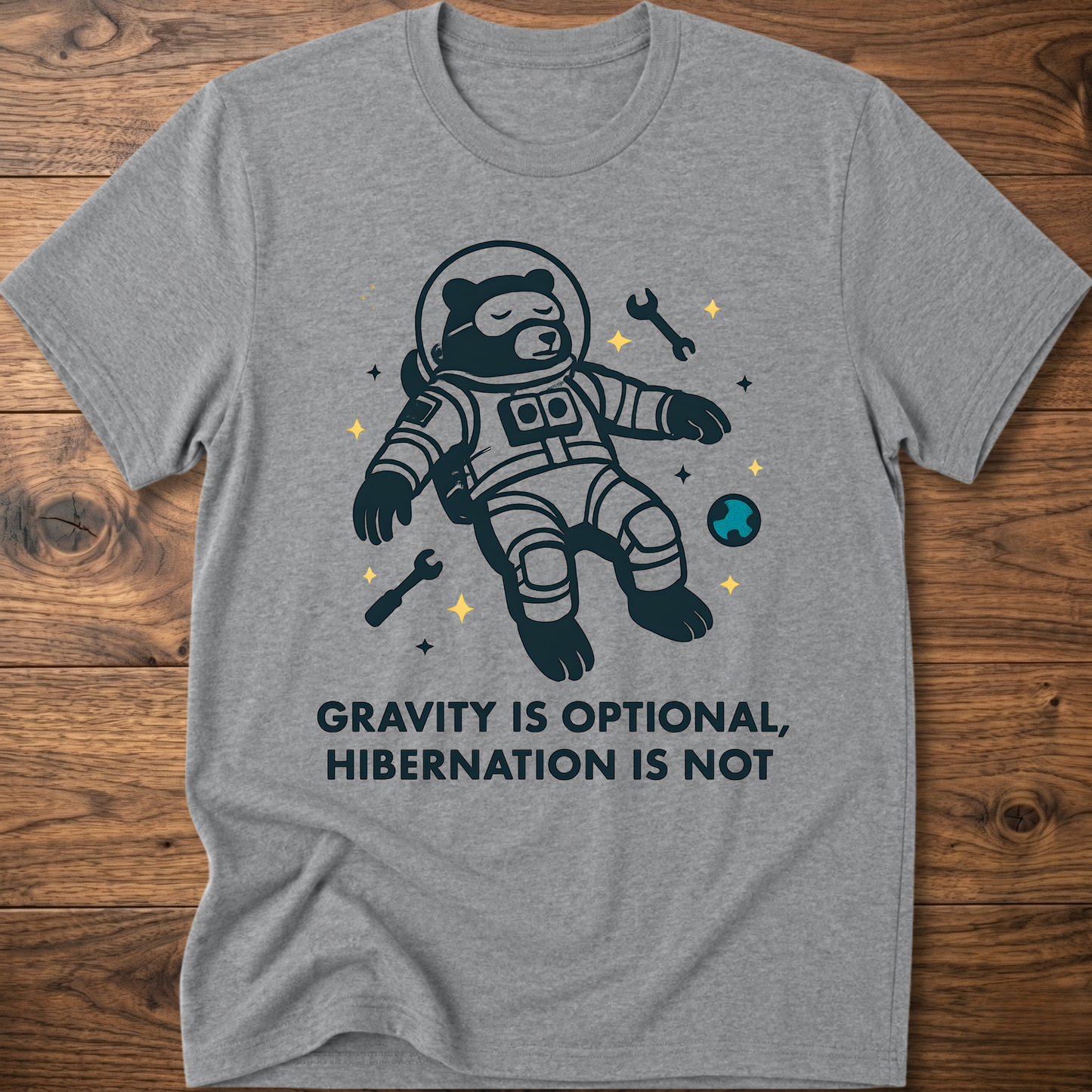 Hibernation bear astronaut t-shirt in gray with front astronaut bear graphic and slogan text