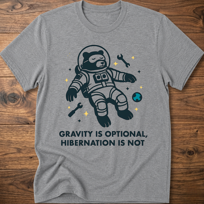 Hibernation bear astronaut t-shirt in gray with front astronaut bear graphic and slogan text