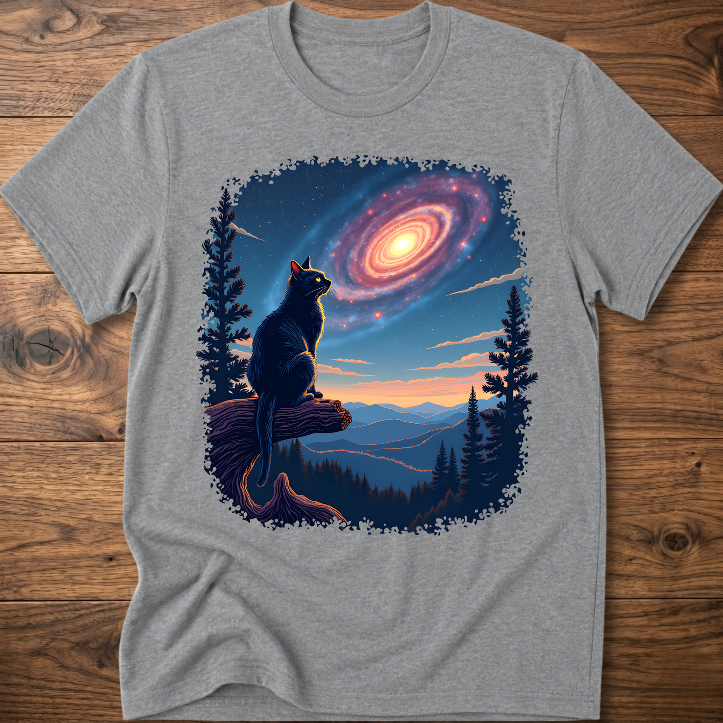 Heather gray cat galaxy t-shirt with standing cat, spiral nebula, pine trees