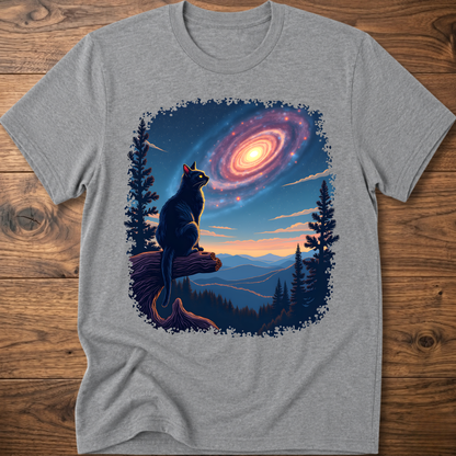 Heather gray cat galaxy t-shirt with standing cat, spiral nebula, pine trees