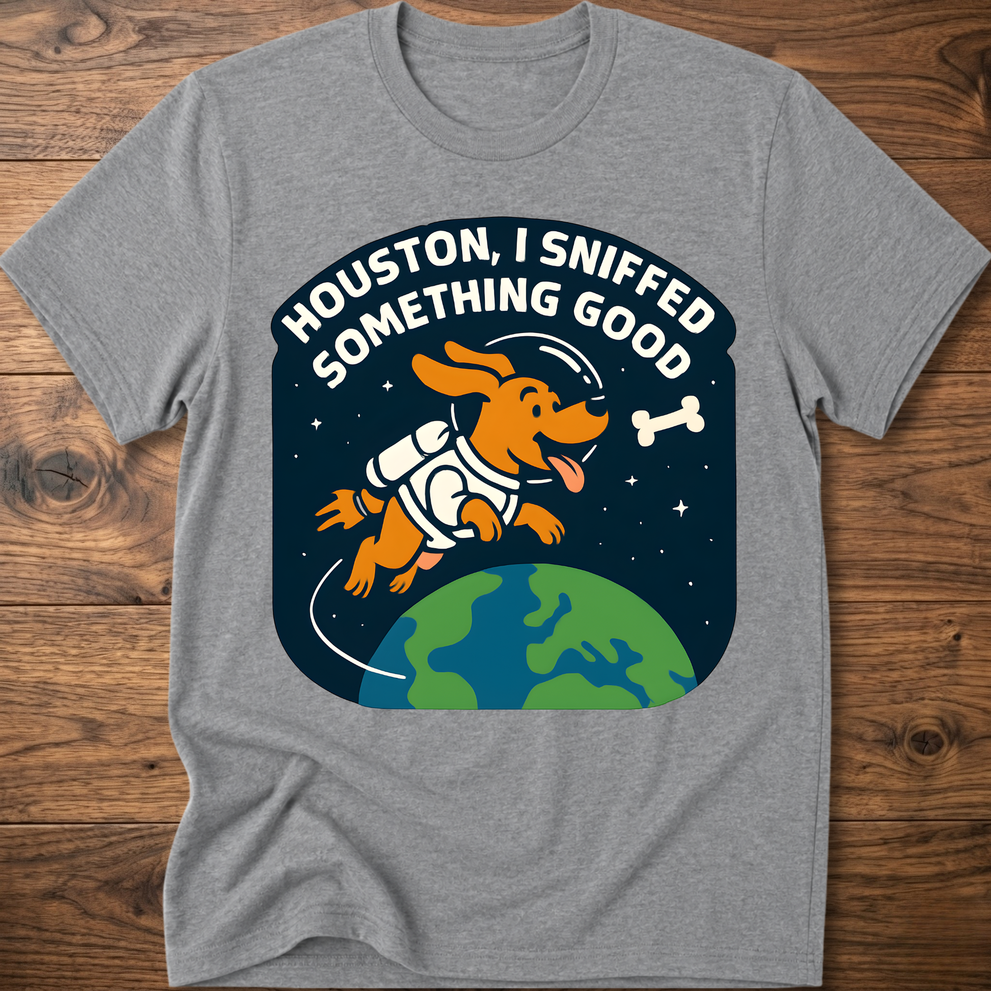 Heather gray dog-themed graphic T-shirt with bone and earth illustration