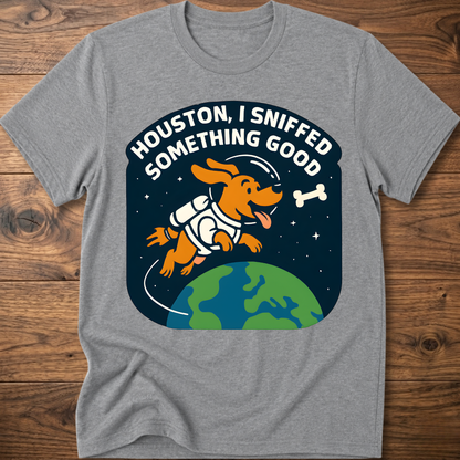 Heather gray dog-themed graphic T-shirt with bone and earth illustration