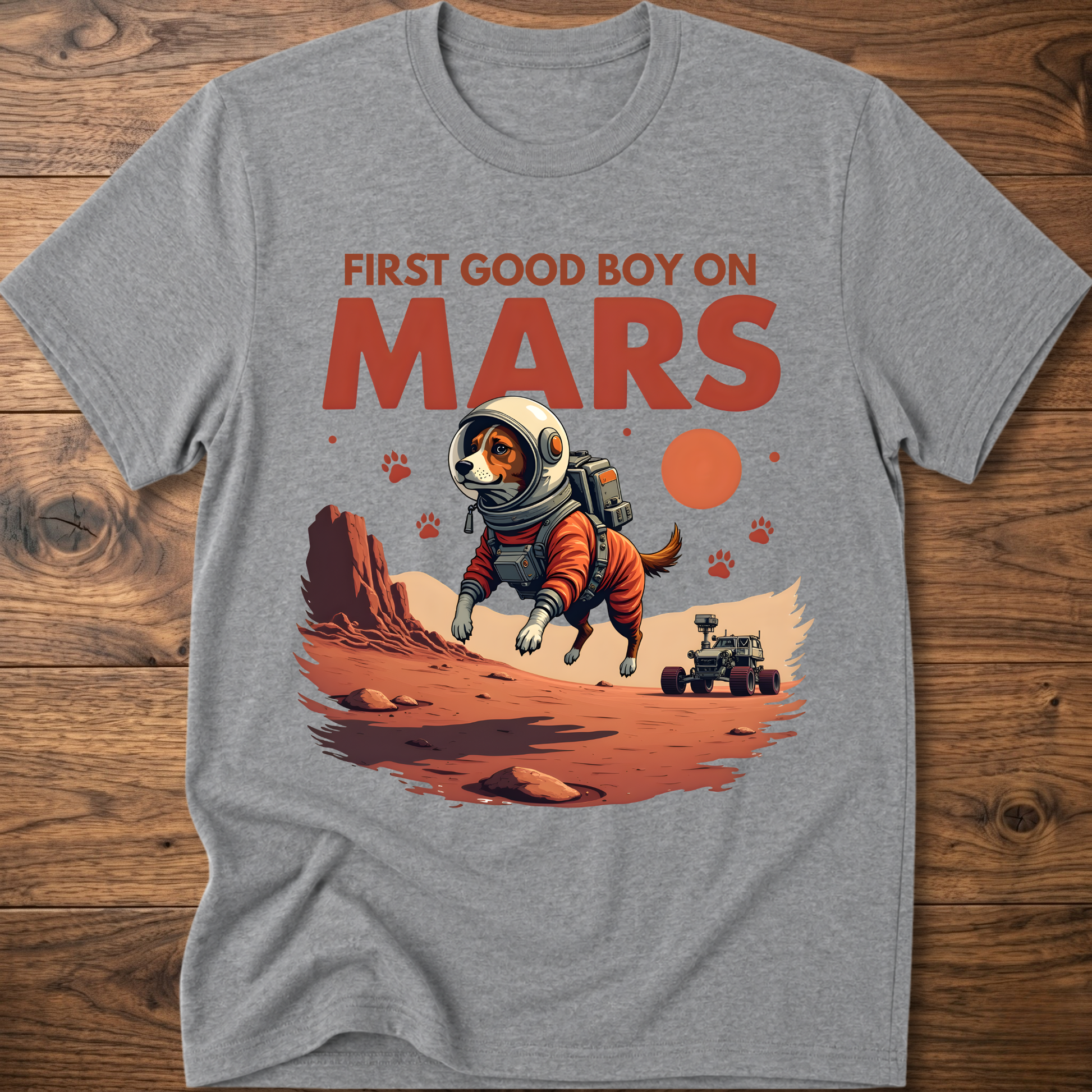 Heather gray crewneck t-shirt with astronaut dog and 'First Good Boy on Mars' graphic