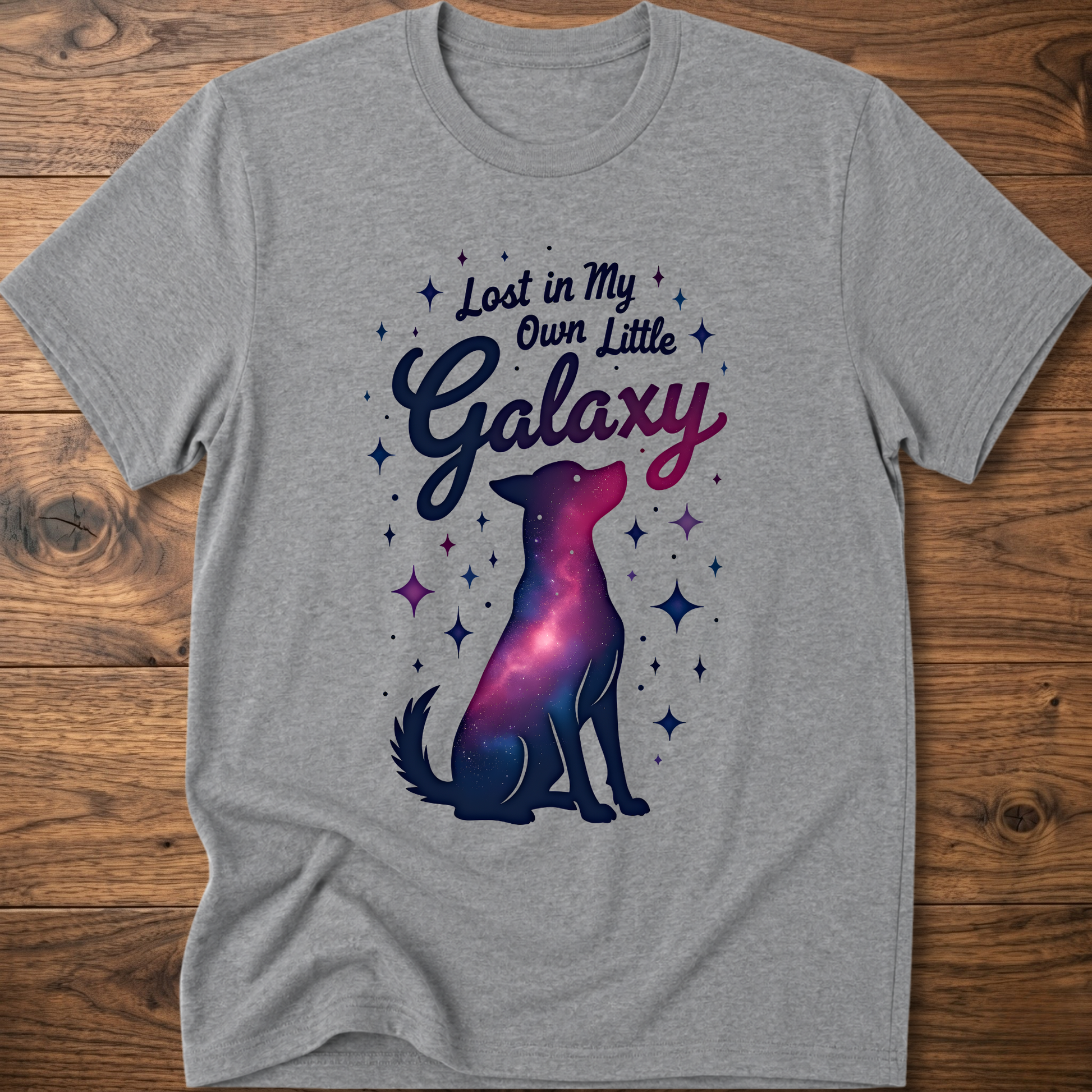 Sport grey crewneck dog T-shirt with galaxy graphic and star details
