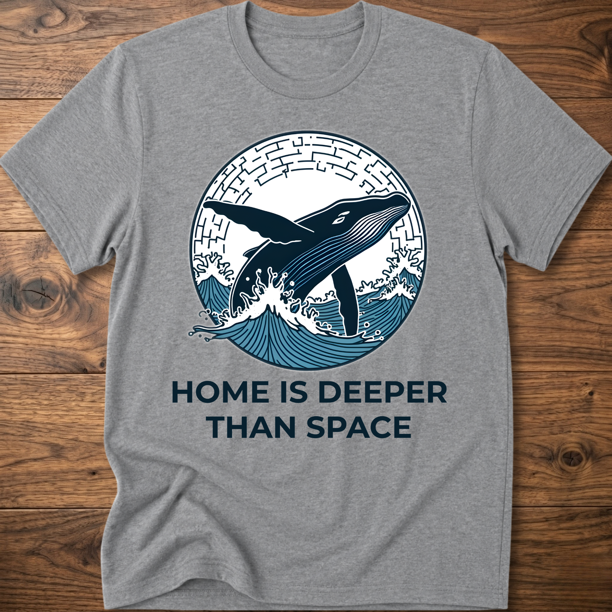 Heather gray T-shirt with whale surf graphic and “HOME IS DEEPER THAN SPACE” text