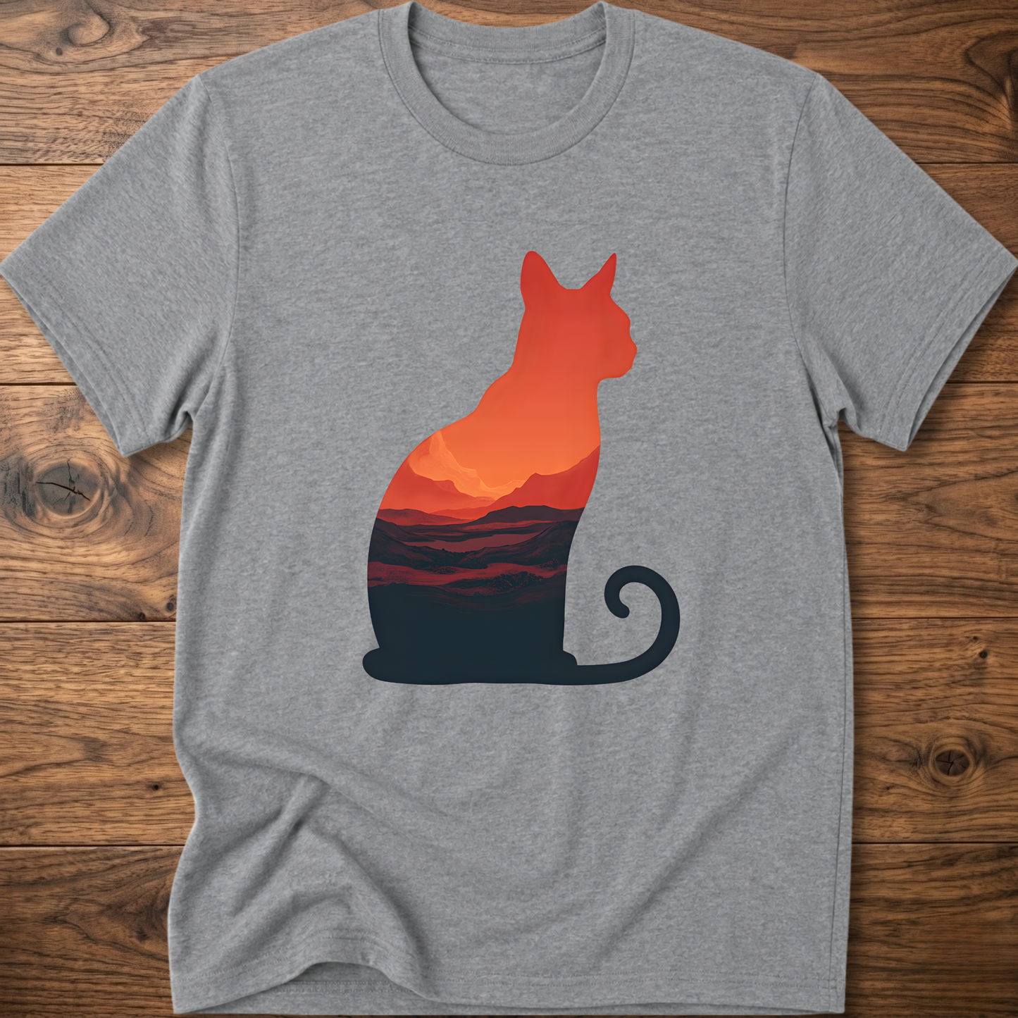 Martian cat graphic t-shirt, sport gray; orange cat with sunset landscape print