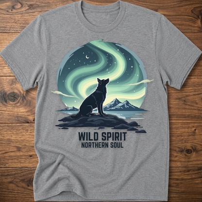 Sport gray crewneck T-shirt with cat aurora graphic and 'WILD SPIRIT NORTHERN SOUL'