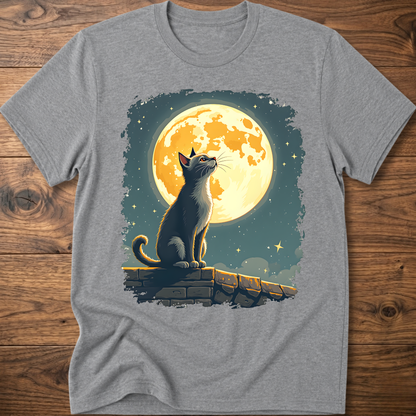 Medium gray cat graphic t-shirt with moonlit mural print