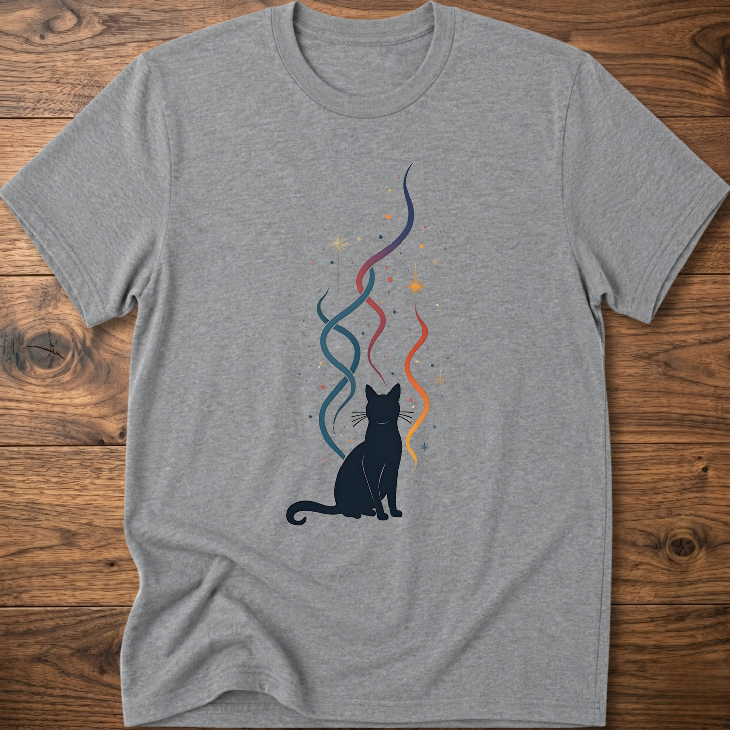 Sport grey crew-neck T-shirt with black cat silhouette and multicolor line graphic