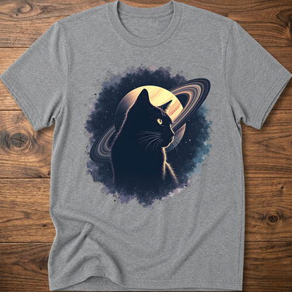 Heather gray cat graphic t-shirt with moon and swirl design, crew neck short sleeves