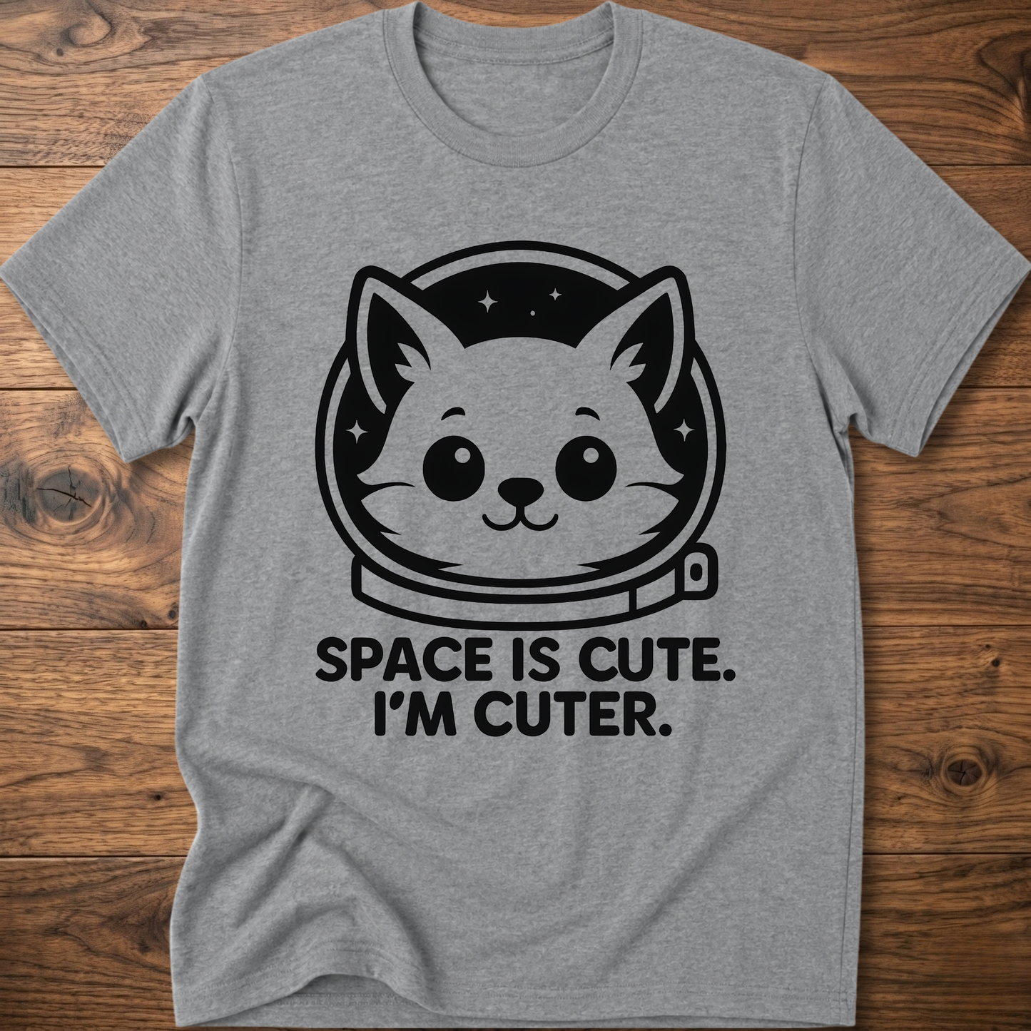 Heather gray T-shirt with space cat face graphic and text "SPACE IS CUTE. I'M CUTER."