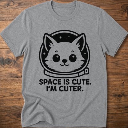 Heather gray T-shirt with space cat face graphic and text "SPACE IS CUTE. I'M CUTER."