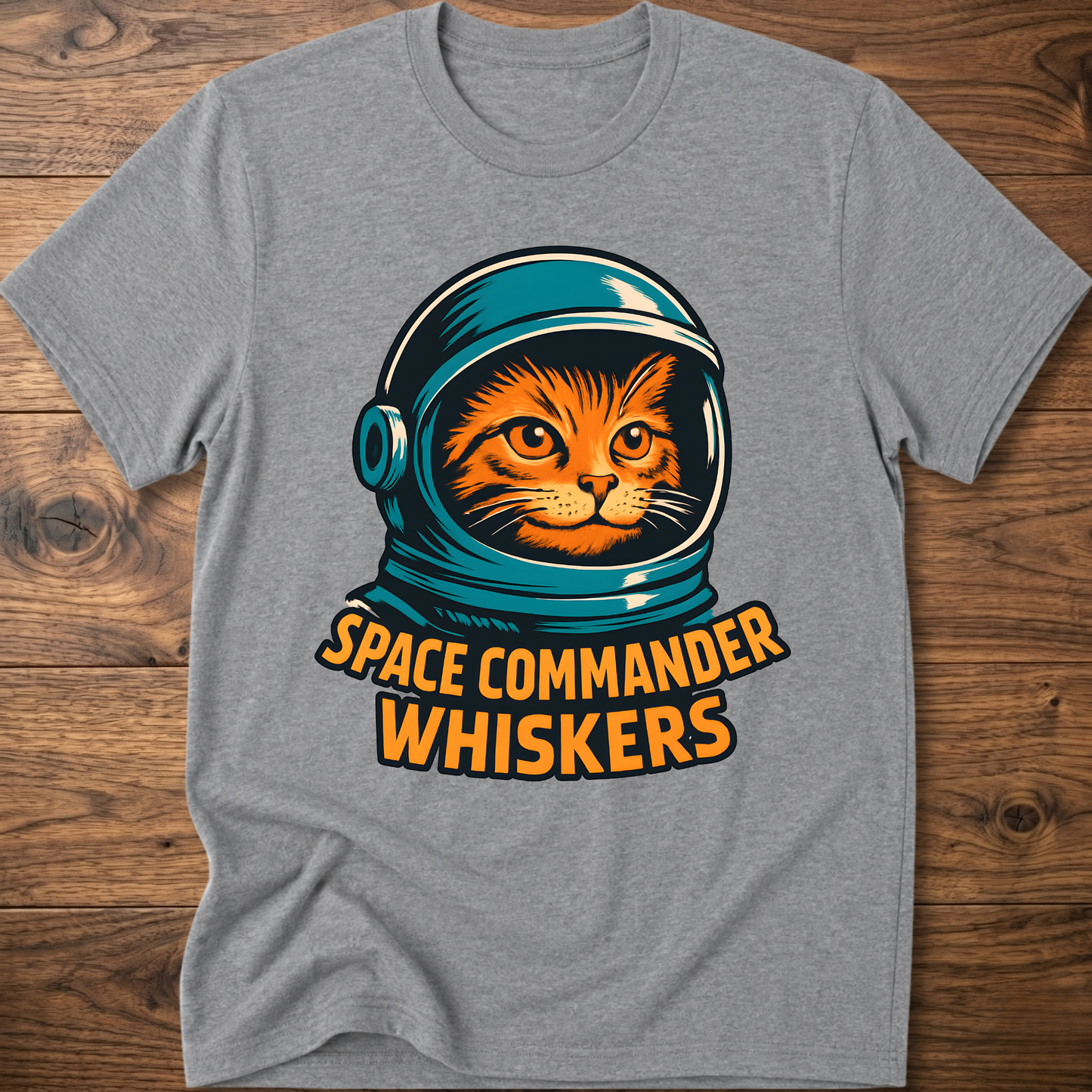 Astronaut cat graphic T-shirt, light heather gray; “SPACE COMMANDER WHISKERS” print