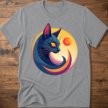 Sport grey cat and moon geometric graphic t-shirt, short-sleeve crew neck