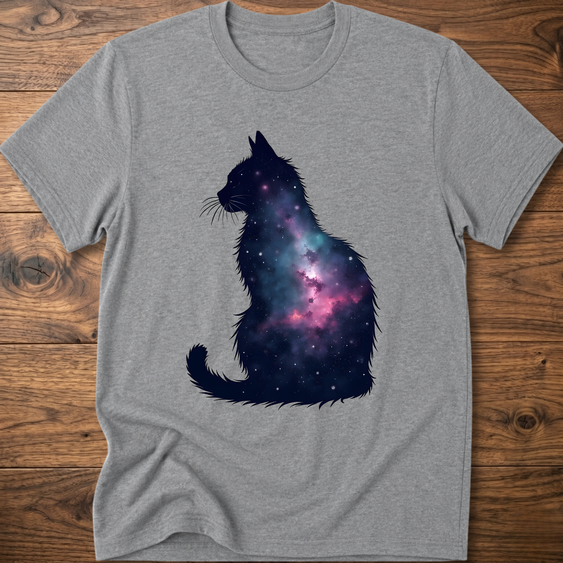 Sport grey t-shirt with galaxy cat graphic on the front
