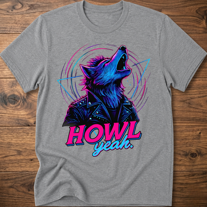 Heather gray wolf graphic t-shirt with neon 'Howl Yeah' text print