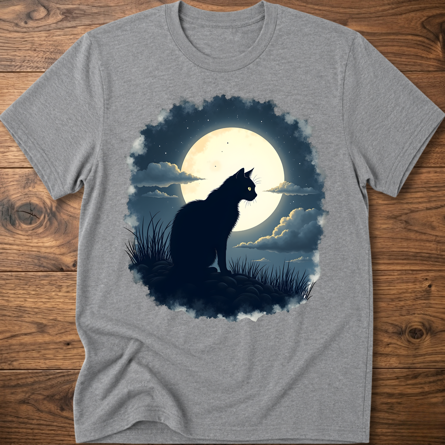 Sport grey T-shirt with black cat silhouette and full moon graphic