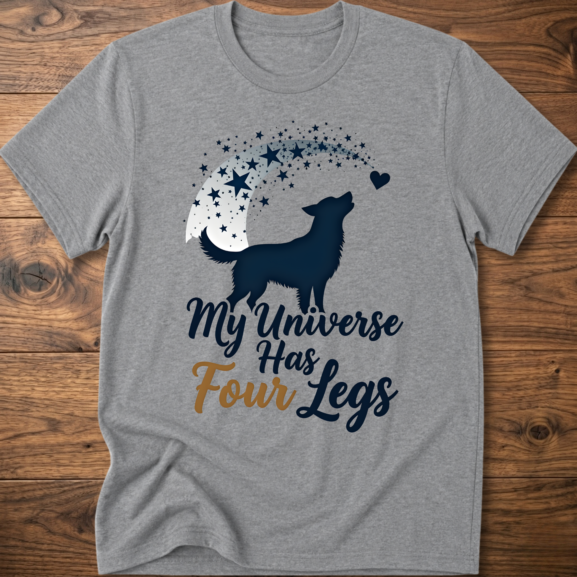 Gray dog graphic crew-neck T-shirt with 'My Universe Has Four Legs' text