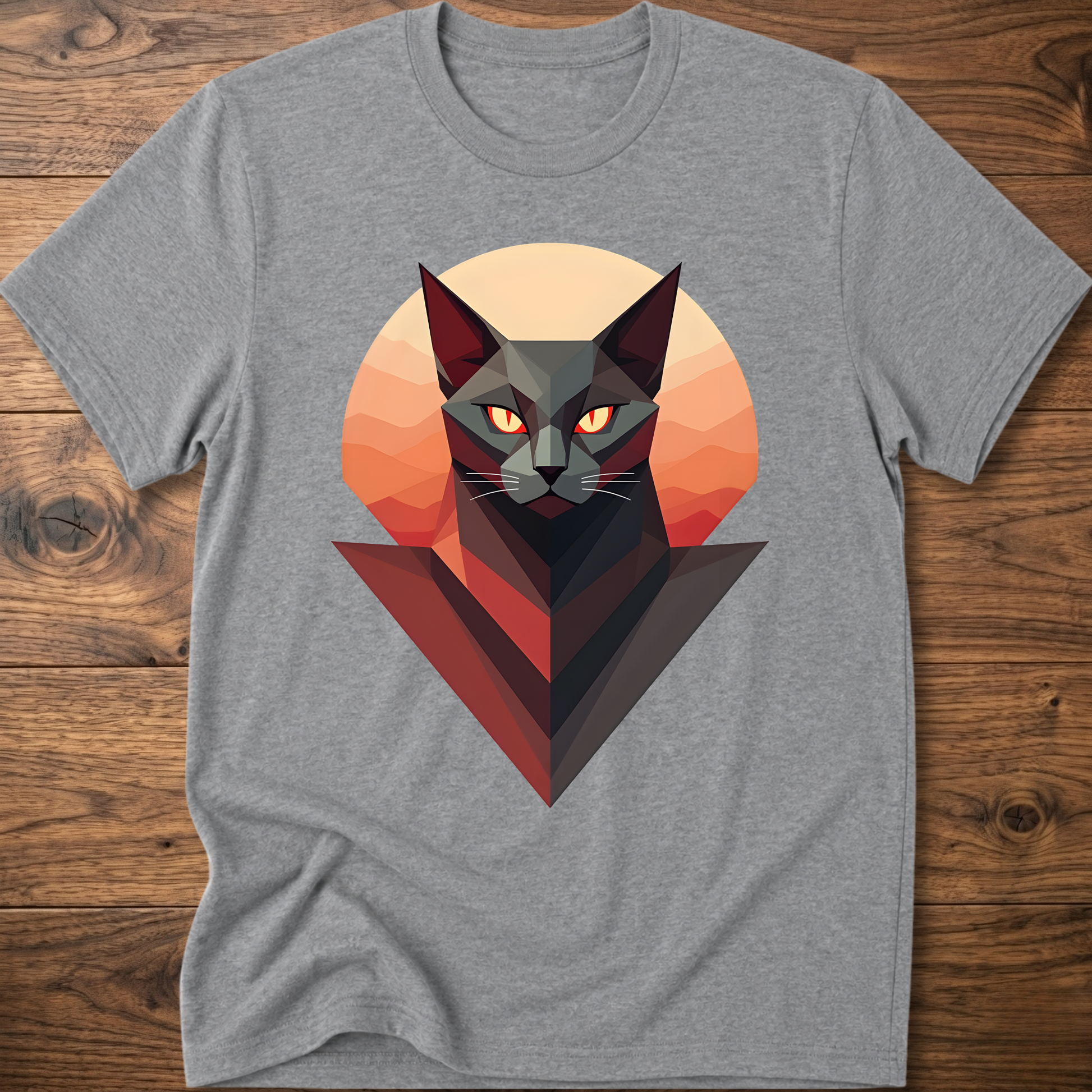 Heather gray crew-neck cat geometric graphic T-shirt, short sleeves, centered triangle cat art
