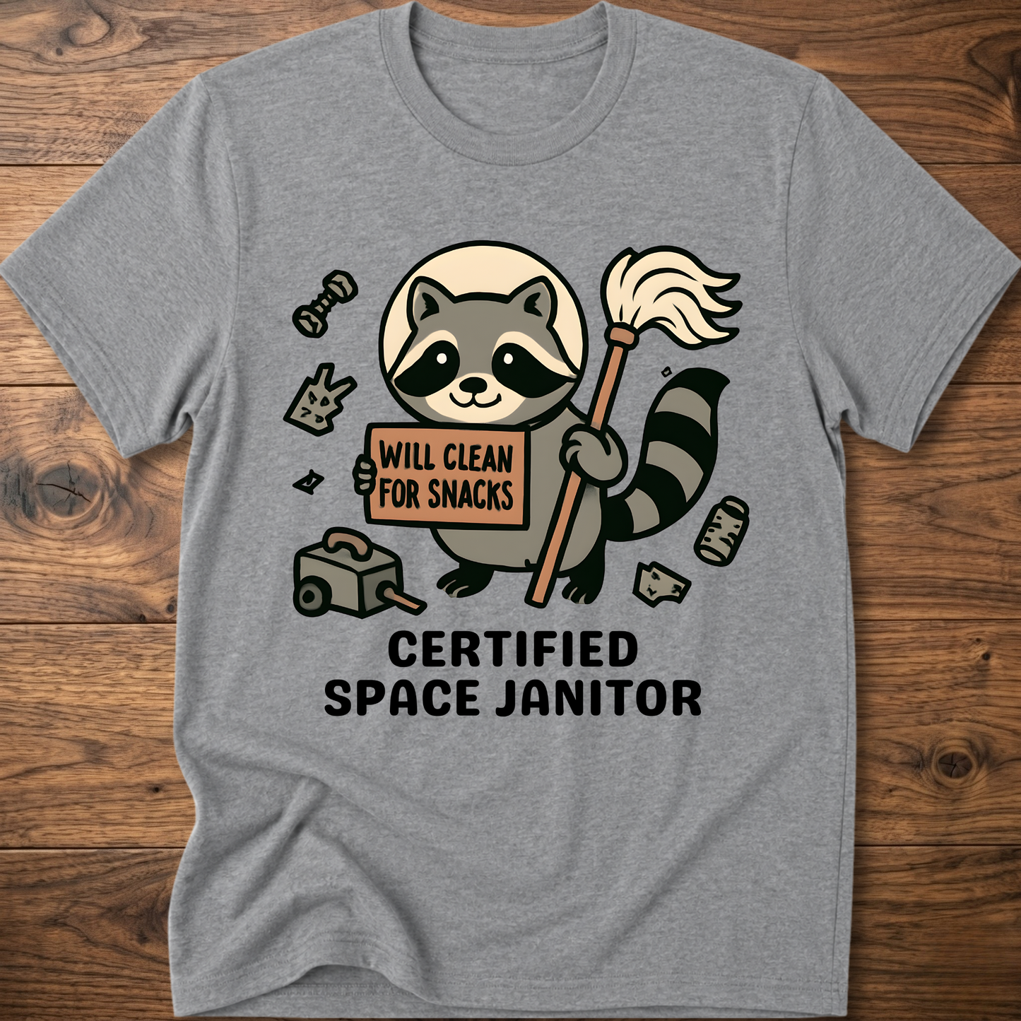 Raccoon space janitor graphic t-shirt, sport gray
