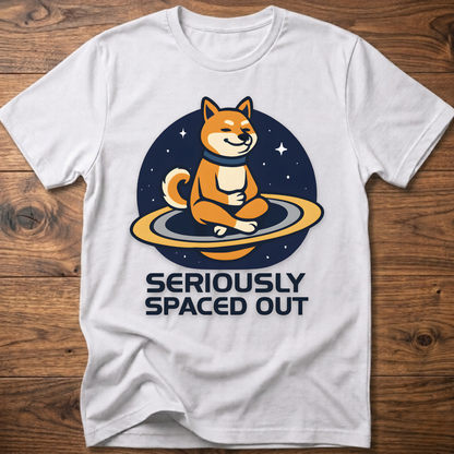 White dog astronaut graphic t-shirt with "SERIOUSLY SPACED OUT" text