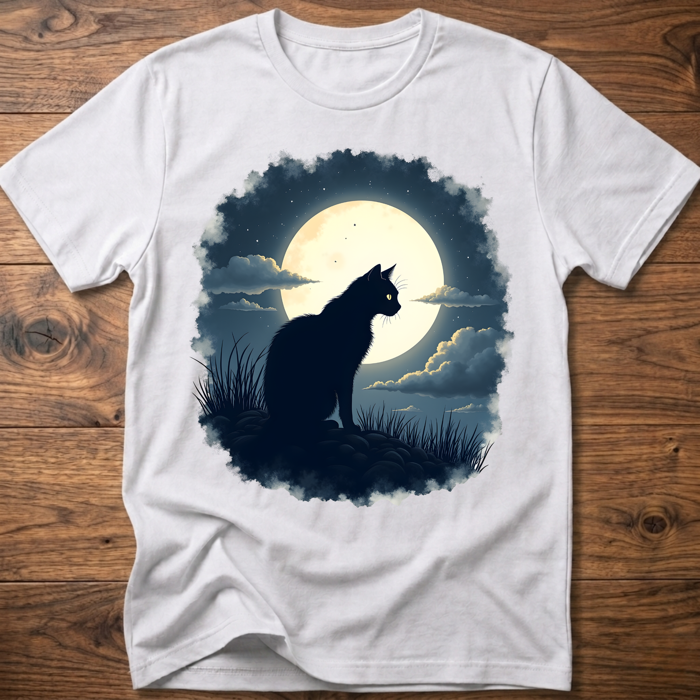 Natural white T-shirt with black cat silhouette and full moon graphic