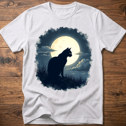 Natural white T-shirt with black cat silhouette and full moon graphic
