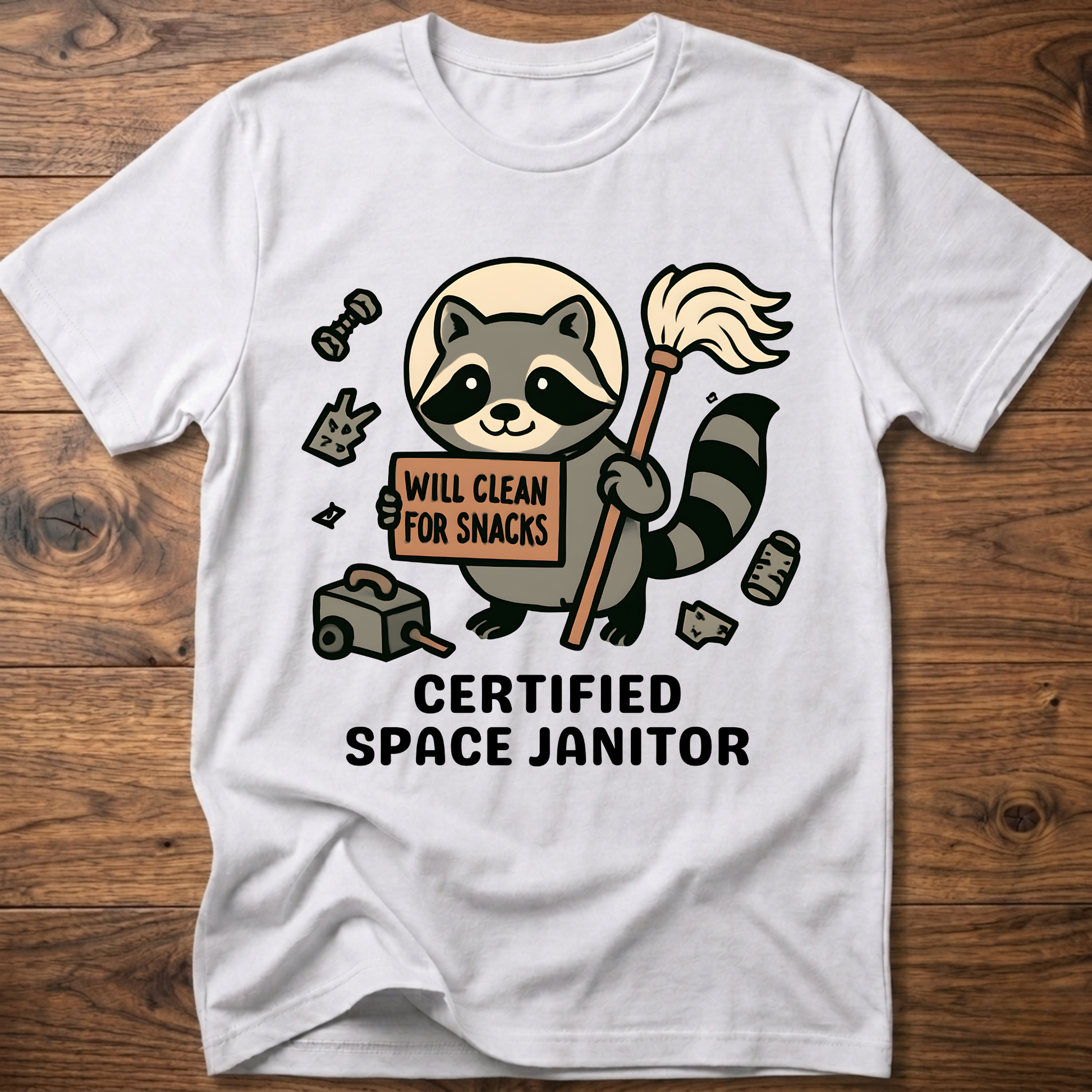 Raccoon space janitor graphic t-shirt, white