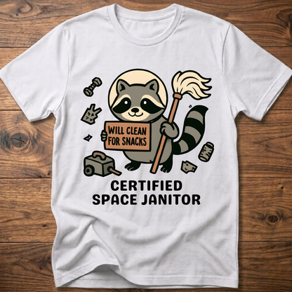 Raccoon space janitor graphic t-shirt, white