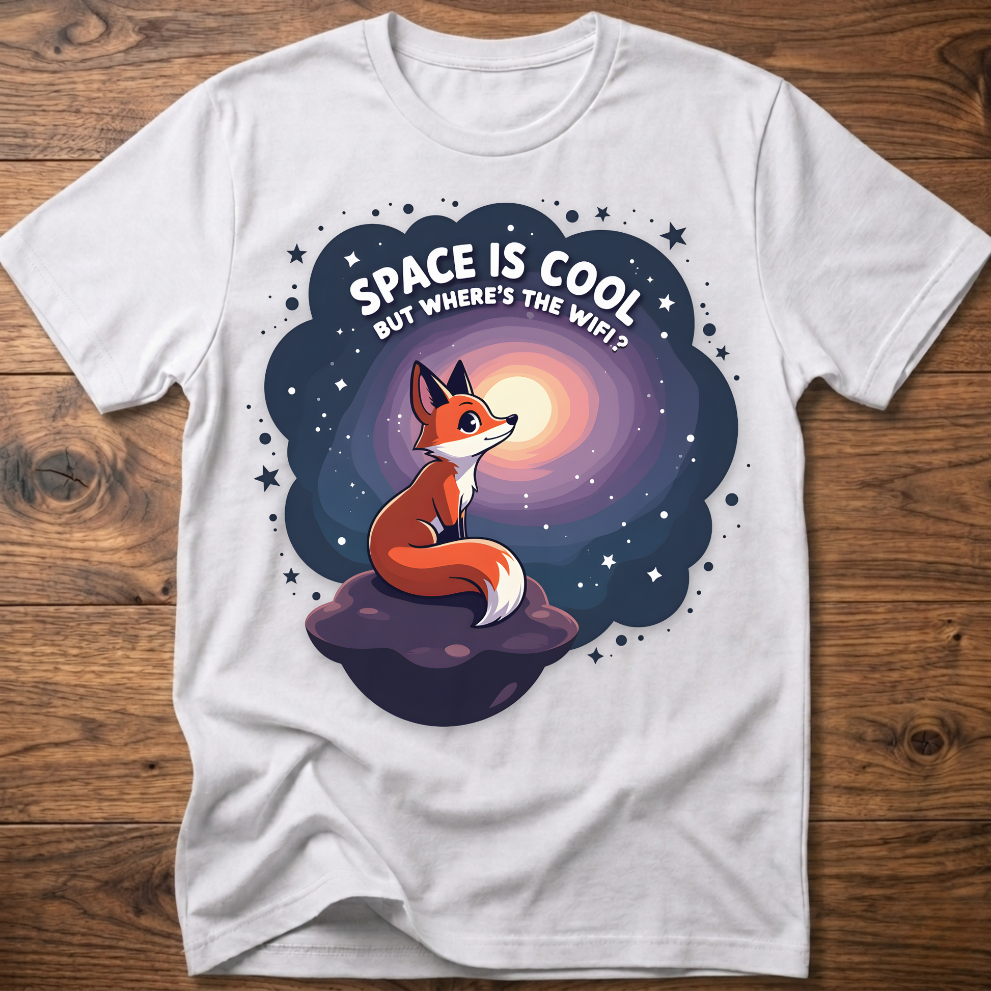White t-shirt with cartoon fox in space swirl graphic and “SPACE IS COOL” text