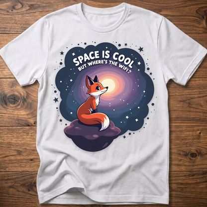 White t-shirt with cartoon fox in space swirl graphic and “SPACE IS COOL” text