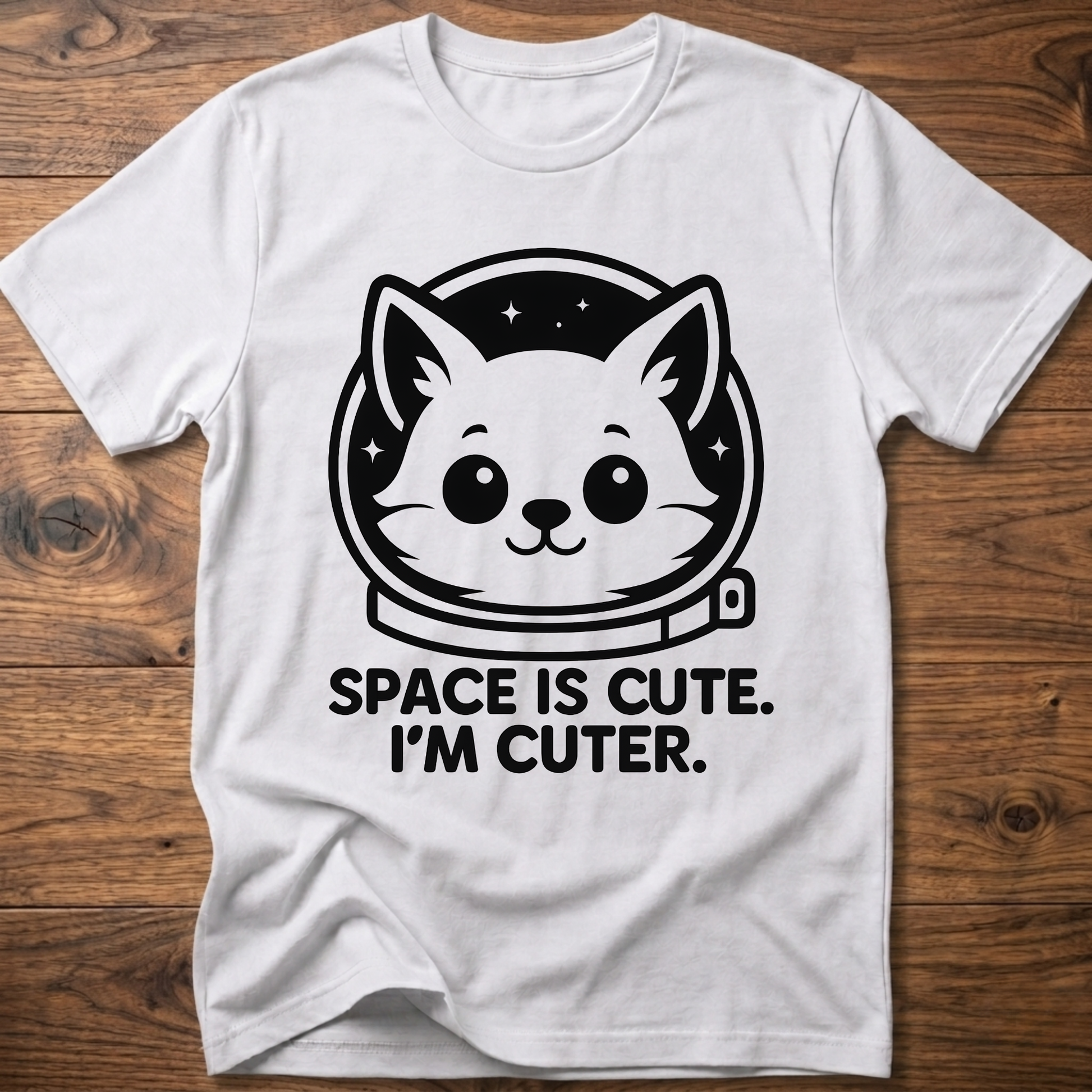 White T-shirt with space cat face graphic and text "SPACE IS CUTE. I'M CUTER."