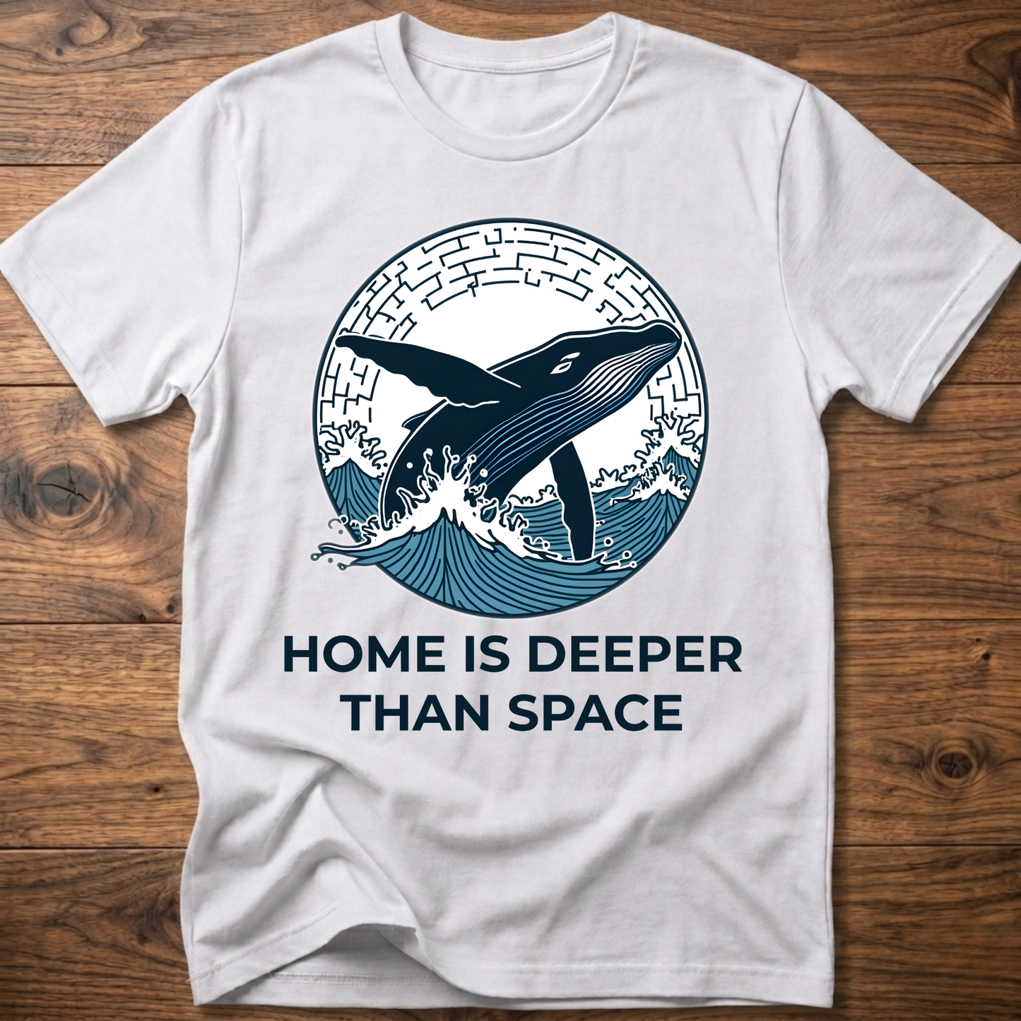 White T-shirt with whale surf graphic and “HOME IS DEEPER THAN SPACE” text