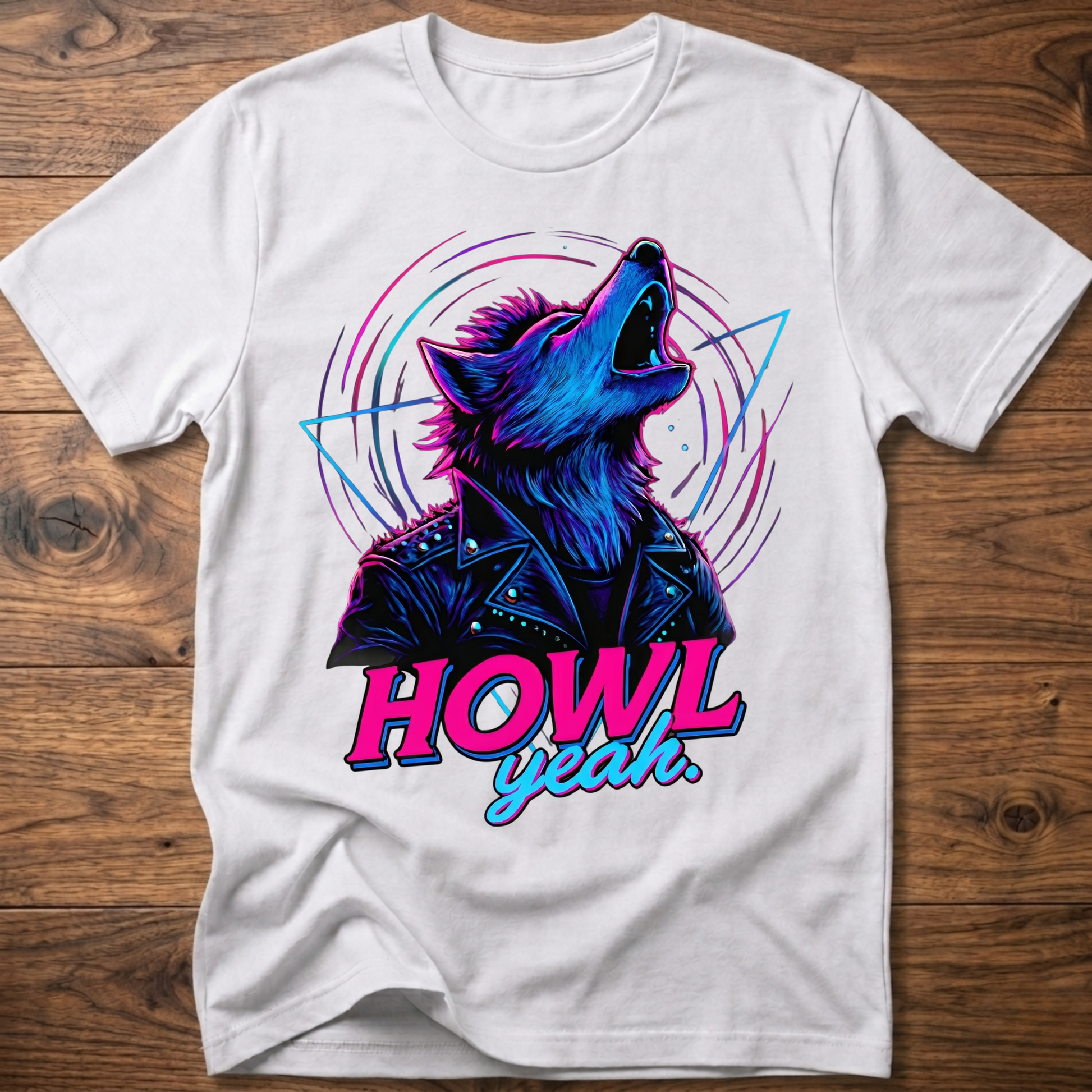 White wolf graphic t-shirt with neon 'Howl Yeah' text print