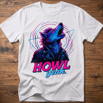 White wolf graphic t-shirt with neon 'Howl Yeah' text print