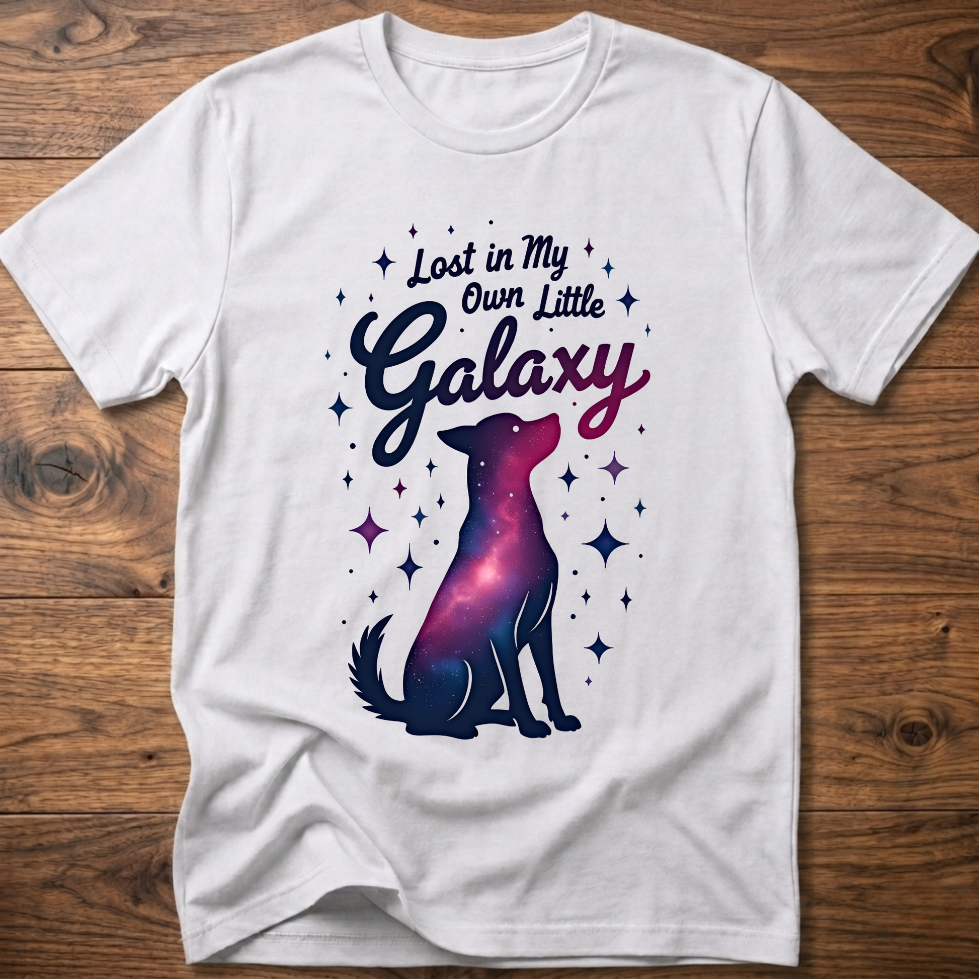 White crewneck dog T-shirt with large galaxy graphic and dotted stars