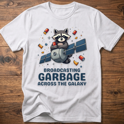 White crew-neck T-shirt with raccoon holding megaphone graphic and “Broadcasting Garbage” text.