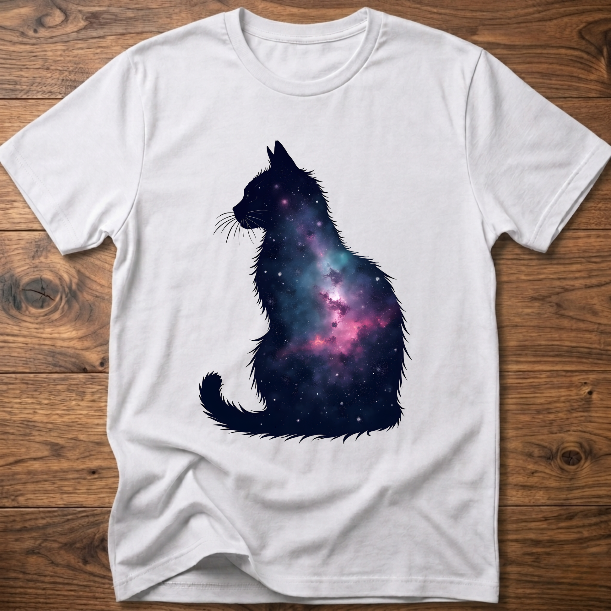White t-shirt with galaxy cat graphic on the front