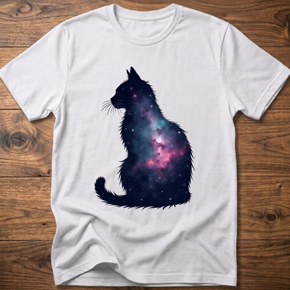 White t-shirt with galaxy cat graphic on the front