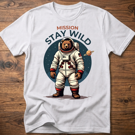 White crew-neck T-shirt with 'Mission Stay Wild' astronaut bear graphic