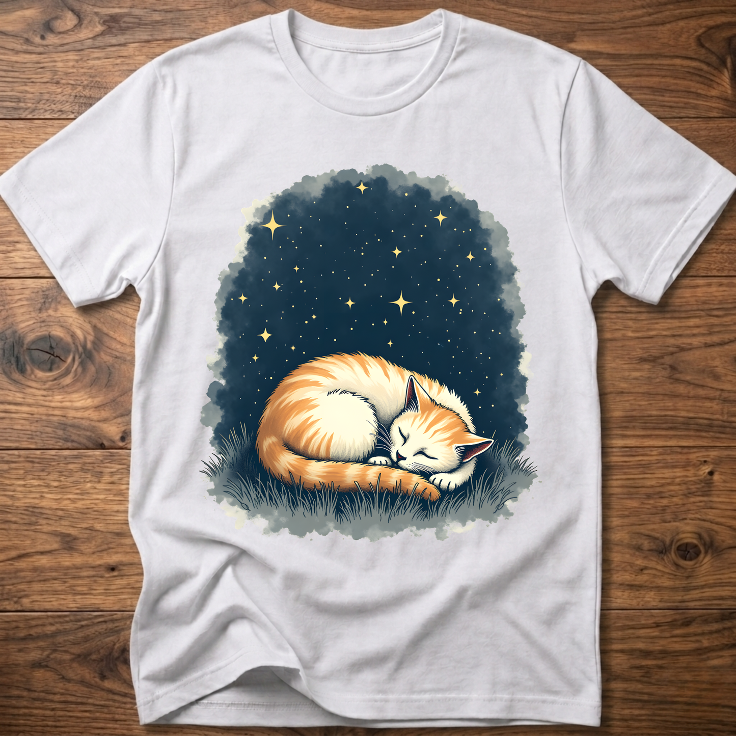 Vintage cat graphic t-shirt in light gray, sleeping cat starlight print