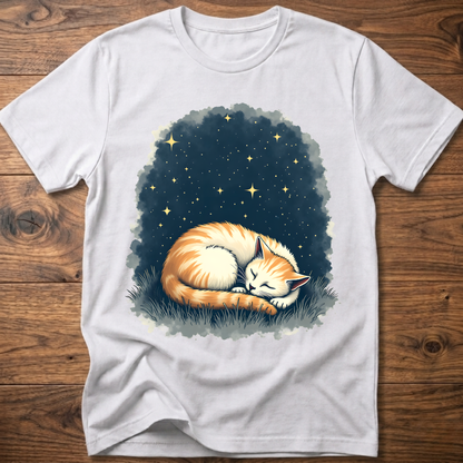 Vintage cat graphic t-shirt in light gray, sleeping cat starlight print