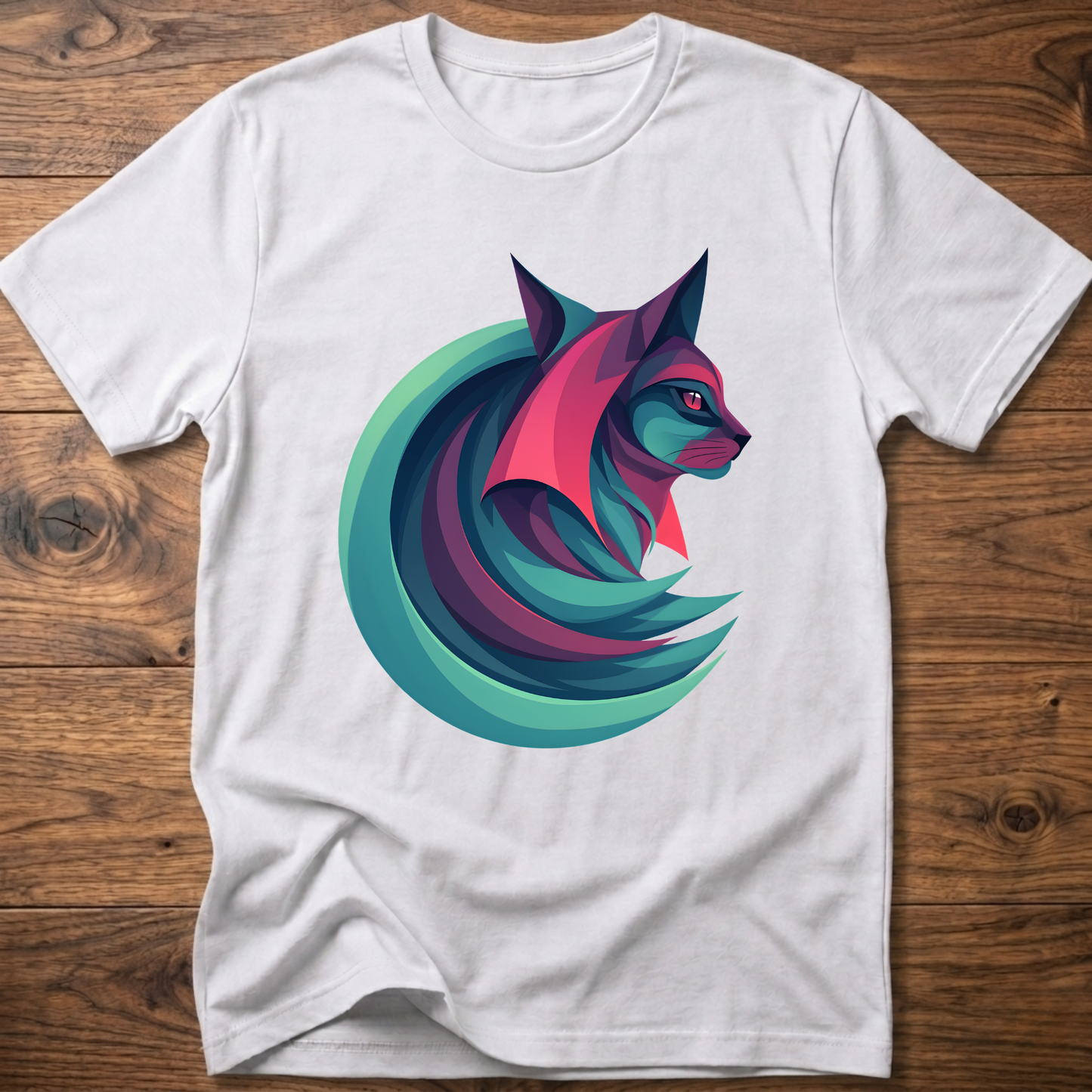 Geometric cat graphic T-shirt, white, crew neck short sleeves