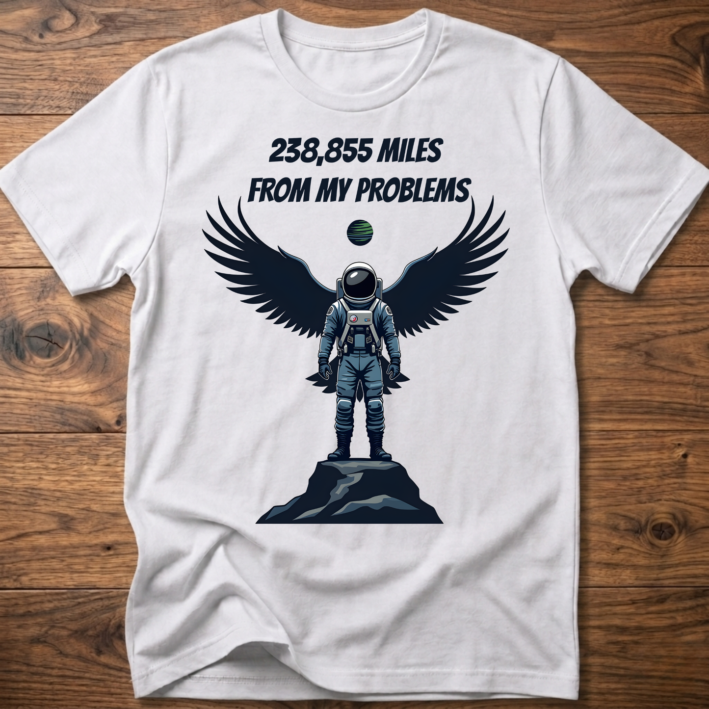 White crewneck t-shirt with astronaut-eagle graphic and text '238,855 Miles'.