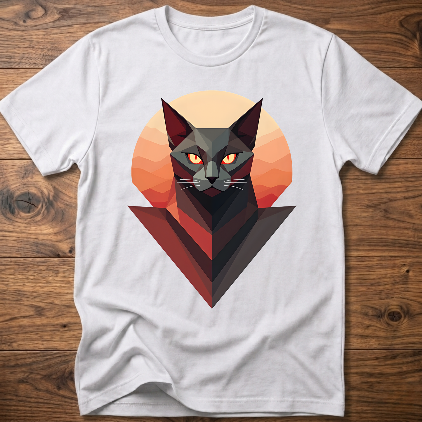 White crew-neck cat geometric graphic T-shirt, short sleeves, red-orange low-poly cat face