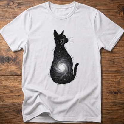 White cat graphic t-shirt with black cat silhouette and spiral galaxy swirl on front