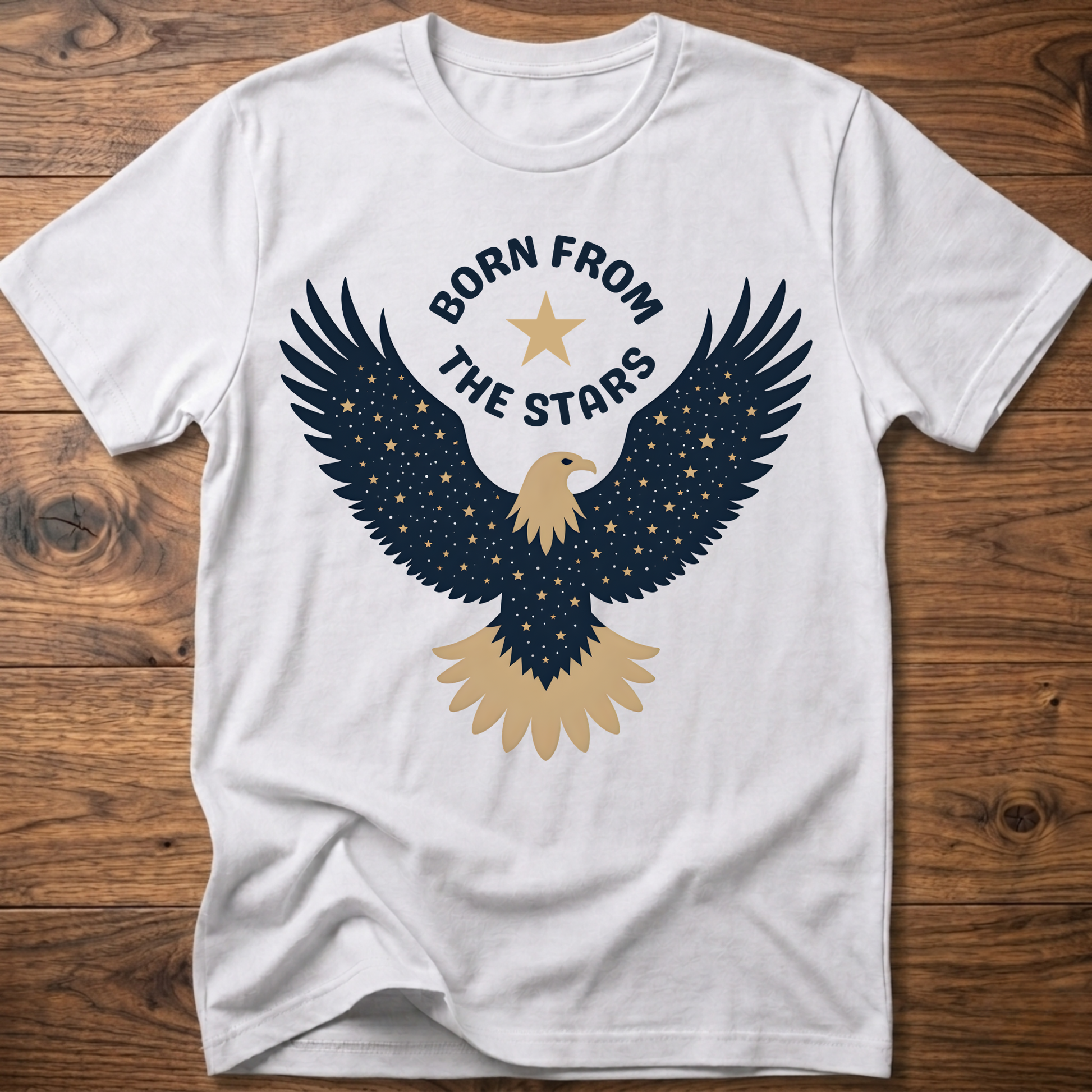 White graphic eagle T-shirt with 'Born From the Stars' star-wing emblem