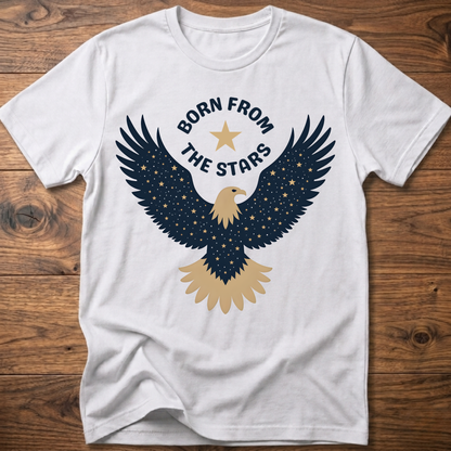 White graphic eagle T-shirt with 'Born From the Stars' star-wing emblem